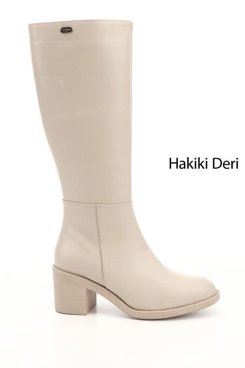 Kadın Bej Fermuarlı Kalın Topuklu Hakiki Deri Çizme