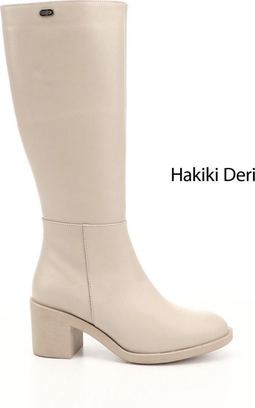Kadın Bej Fermuarlı Kalın Topuklu Hakiki Deri Çizme