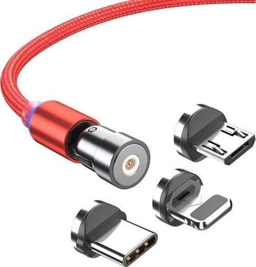 Zhltools 540 Dönebilen Mıknatıslı Usb Şarj Kablosu 3 Başlık iphone+type-c+micro 1 Metre Kırmızı