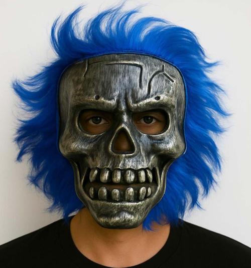 Wild Skull - Gümüş Kafatası Mavi Saçlı İskelet Maske