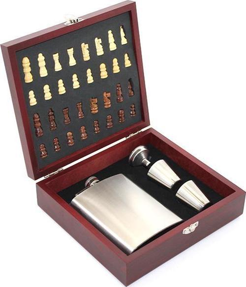 Ahşap Kutulu Satrançlı Matara Seti 8 oz