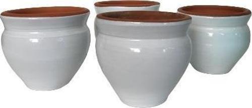 Küçük Boy Boyunlu Dört Adet Sırlı Saksı ( Beyaz Renk )