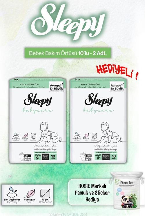 2'li Sleepy Babycare Bebek Bakım Örtüsü 10'lu ve Rosie Pamuk Hediye