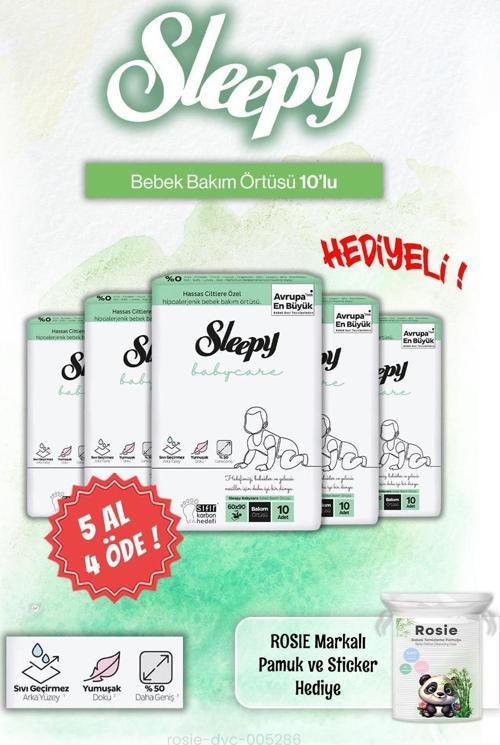 5 AL 4 ÖDE Sleepy Babycare Bebek Bakım Örtüsü 10'lu ve Rosie Pamuk Hediye