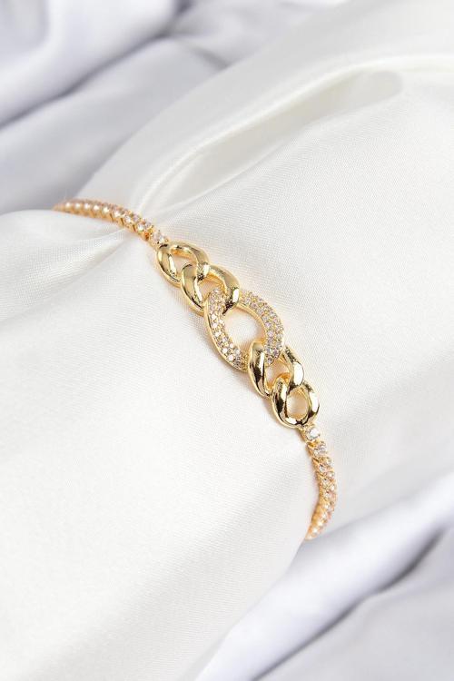 Pirinç Zirkon Taşlı Zincir Model Gold Renk Asansörlü Kadın Bileklik 00072