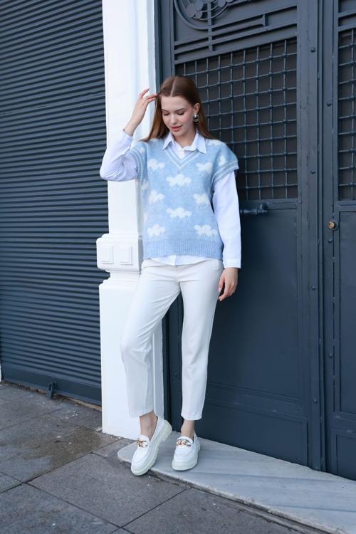 Kadın V Yaka Fitilli Kenarlı Bulut Desenli % 100 Ipek Şardonlu 2 Renk Süveter