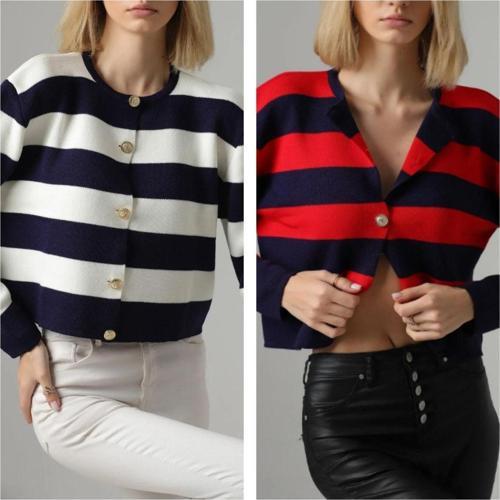 Kadın Bisiklet Yaka Çizgili Crop Hırka 2'Li