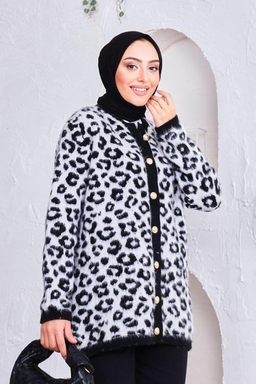 Kadın Siyah Leopar Desenli Şardonlu Uzun Hırka %100 İpek