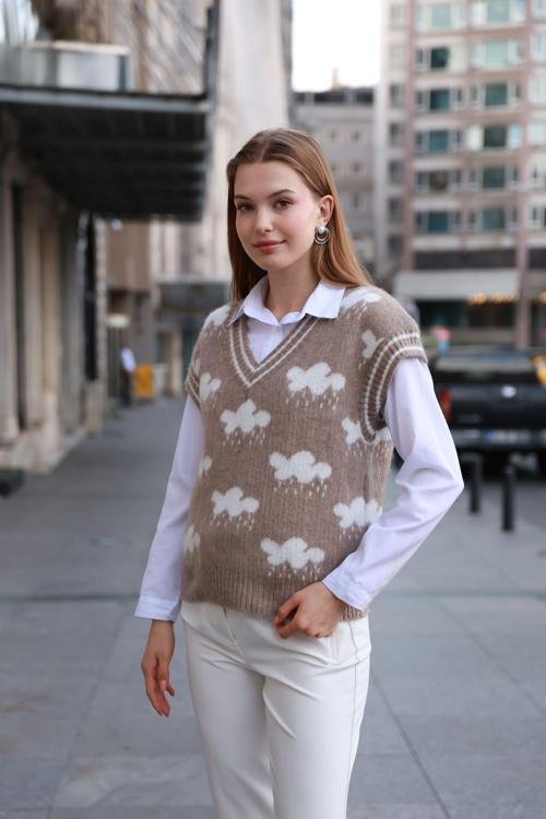 Kadın V Yaka Fitilli Kenarlı Bulut Desenli % 100 Ipek Şardonlu 2 Renk Süveter