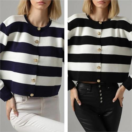 Kadın Bisiklet Yaka Çizgili Crop Hırka (Lacivert-Beya Siyah-Beyaz)2'Li