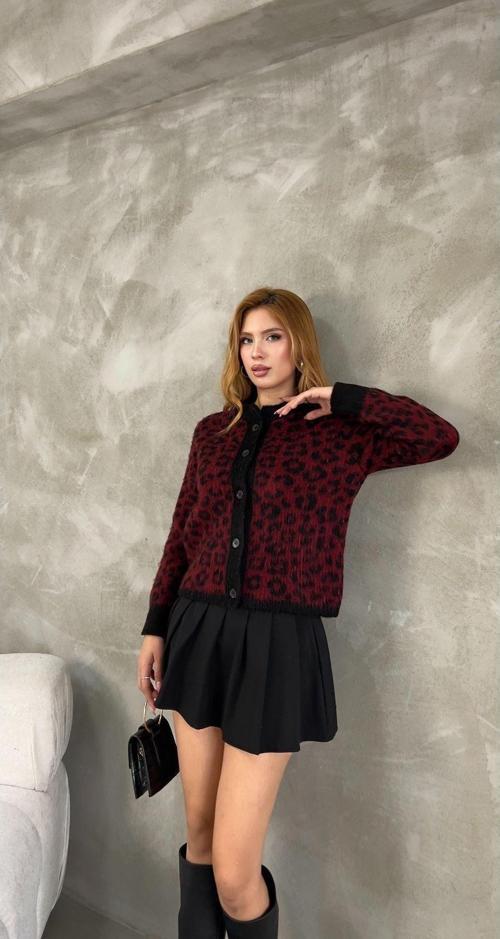 Kadın Bordo Leopar Desenli Şardonlu Hırka