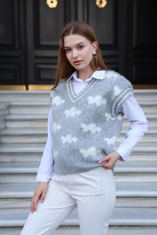 Kadın V Yaka Fitilli Kenarlı Bulut Desenli % 100 Ipek Şardonlu 2 Renk Süveter