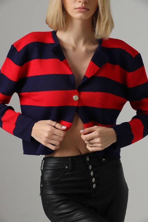 Kadın Bisiklet Yaka Kırmızı Lacivert Çizgili Crop Hırka