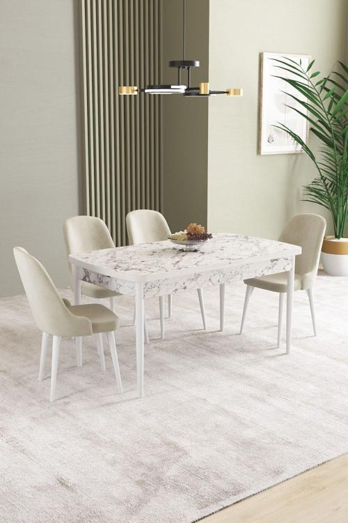 Ikon Beyaz Mermer 80x132 Açılabilir Mdf Masa Yemek Odası Takımı, Mutfak Takımı 4 Adet Sandalye