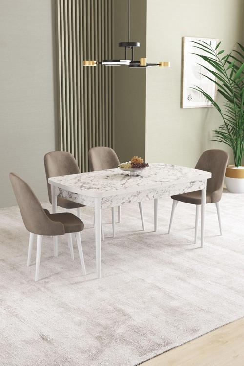 Ikon Beyaz Mermer 80x132 Açılabilir Mdf Masa Yemek Odası Takımı, Mutfak Takımı 4 Adet Sandalye