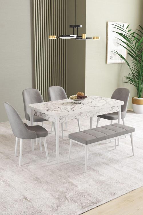 Ikon Beyaz Mermer 80x132 Açılabilir Mdf Masa Yemek Odası Takımı, Mutfak Takımı 4 Sandalye, 1 Bench