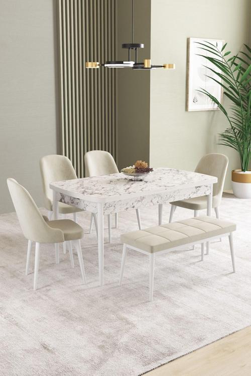 Ikon Beyaz Mermer 80x132 Açılabilir Mdf Masa Yemek Odası Takımı, Mutfak Takımı 4 Sandalye, 1 Bench