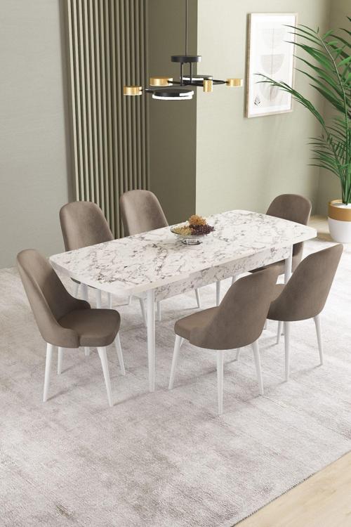 Ikon Beyaz Mermer 80x132 Açılabilir Mdf Masa Yemek Odası Takımı, Mutfak Takımı 6 Adet Sandalye