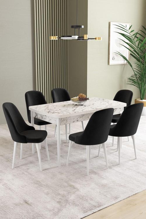 Ikon Beyaz Mermer 80x132 Açılabilir Mdf Masa Yemek Odası Takımı, Mutfak Takımı 6 Adet Sandalye
