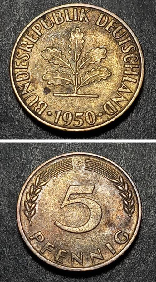 Escoines 39963689901fd6ff99 1950 Almanya 5 Pfennig çt Pirinç kaplamalı çelik para