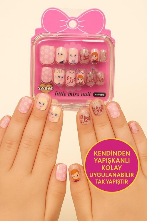 Frozen Temalı 12 li Yapışkan Stickerlı Kendi Çantasında Çocuk Takma Tırnak Seti- 5- 14 Yaş Arası