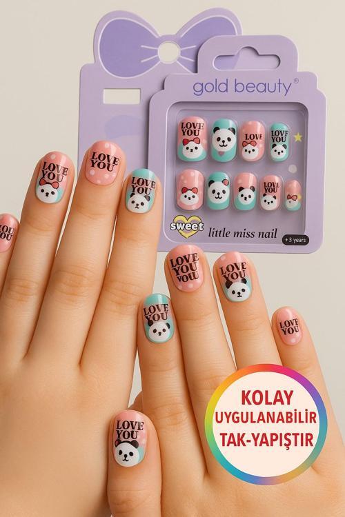 Panda Temalı 12 li Yapışkan Stickerlı Kendi Çantasında Çocuk Takma Tırnak Seti- 5- 14 Yaş Arası