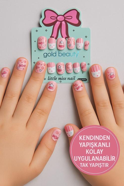 Şeker Temalı 12 li Yapışkan Stickerlı Kendi Çantasında Çocuk Takma Tırnak Seti- 5- 14 Yaş Arası 