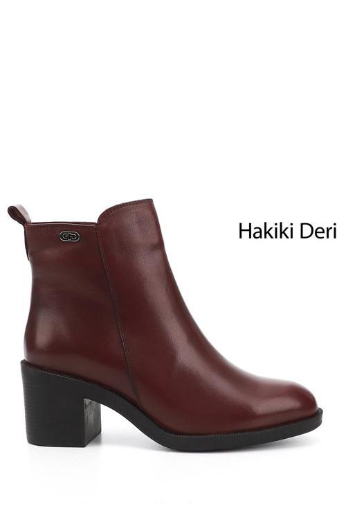 Kadın Bordo Fermuarlı Kalın Topuklu Hakiki Deri Bot