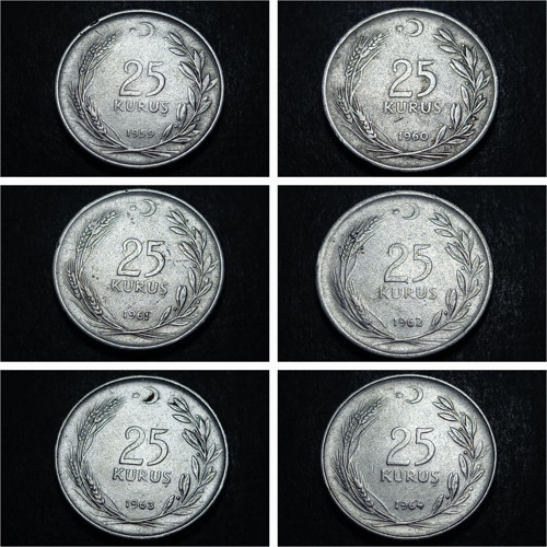 Escoines 3996368992a96dbf96 1959, 1960, 1961, 1962, 1963, 1964 25kuruş Acmonital52 para