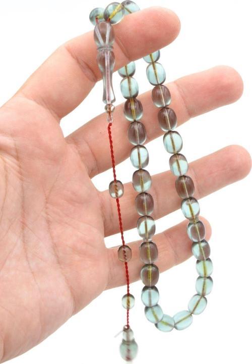 Ahmet Damar İmzalı Beyzi Kesim Açık Mavi Sıkma Kehribar Tesbih