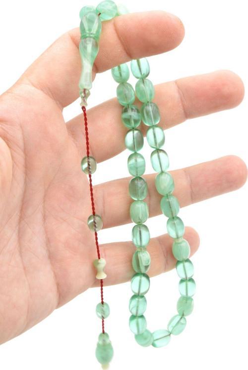 Ahmet Damar İşçilikli Hareli Yeşil Ateş Kehribar Tesbih