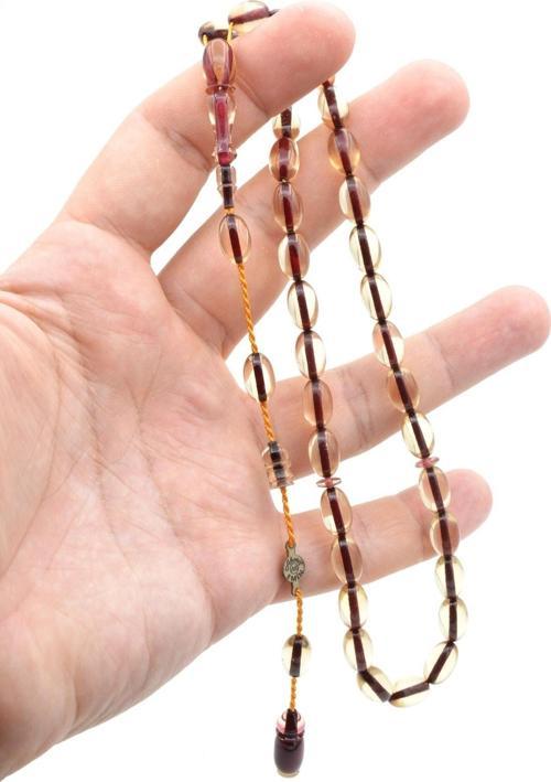 Ahmet Emin Usta Imzalı Badem Kesim Bej Sıkma Kehribar Tesbih