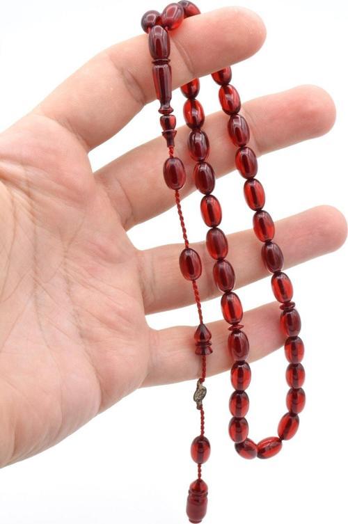 Ahmet Emin Usta Imzalı Badem Kesim Kırmızı Sıkma Kehribar Tesbih