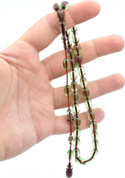 Ahmet Emin Usta Imzalı Badem Kesim Yeşil Sıkma Kehribar Tesbih