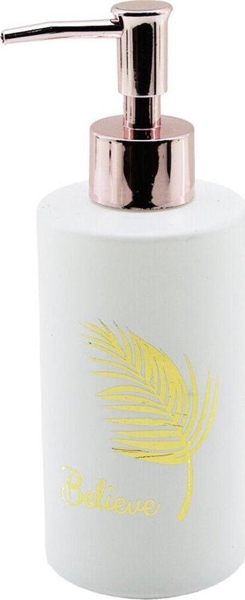 CAM YUVARLAK - BEYAZ ŞİŞE--GOLD YAPRAK DESEN SIVI SABUNLUK 350ML BRONZ PLAST