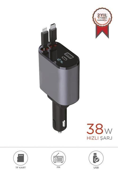 G16 – FM Transmitter & 120W Süper Hızlı Araç Şarjı, Entegre Type-C ve Lightning Kablo