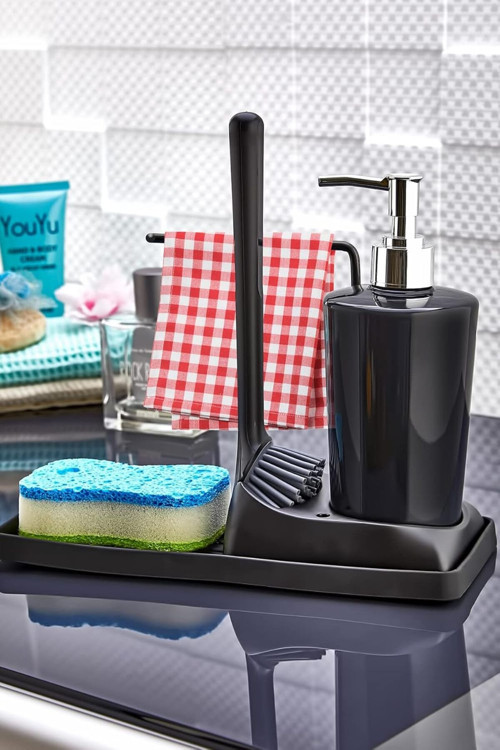 Silikon Fırçalı Mutfak Banyo Sıvı Sabunluk Süngerlik Seti 1017157