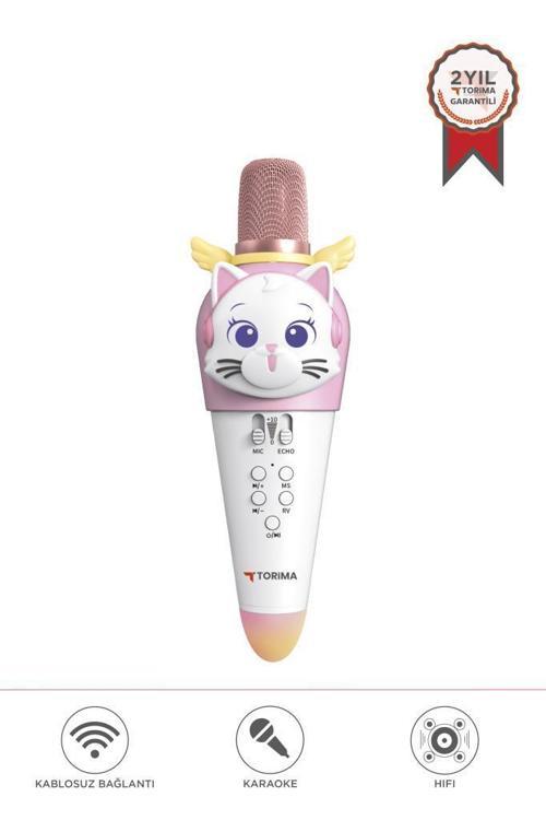 KIDMIC02 Beyaz Kedi Figürlü Şarjlı BT Karaoke Mikrofon ve Hoparlör 5W Kablosuz Mikrofon