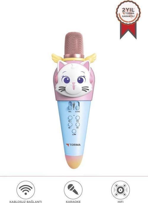KIDMIC02 Mavi Kedi Figürlü Şarjlı BT Karaoke Mikrofon ve Hoparlör 5W Kablosuz Mikrofon