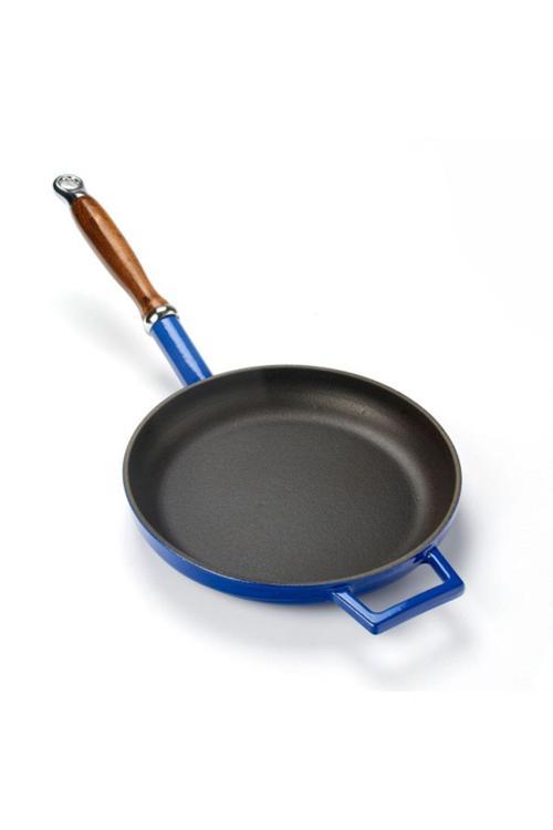 Döküm Kızartma Tavası 24 Cm Mavi Renk Ahşap Saplı Tava