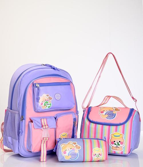 Mu-5917 Kawaii Bear Mor Pembe Çizgili Okul Çanta Seti 3'lü – Sırt Çantası, Beslenme Çantası ve Kalemlik