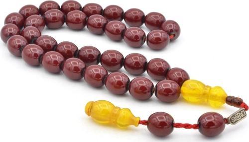 Dabbas Imzalı Beyzi Kesim Bordo Sıkma Kehribar Tesbih Iri Boy