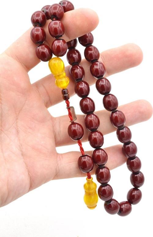Dabbas Imzalı Beyzi Kesim Bordo Sıkma Kehribar Tesbih Iri Boy