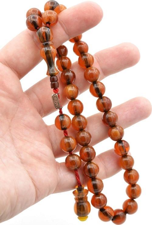 Dabbas Usta Imzalı Küre Kesim Hareli Turuncu Sıkma Kehribar Tesbih 001