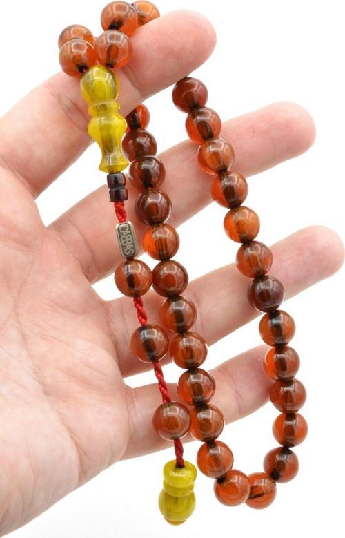 Dabbas Usta Imzalı Küre Kesim Hareli Turuncu Sıkma Kehribar Tesbih 002