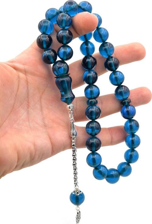 Arnavut Kamçılı Küre Kesim Lacivert Sıkma Kehribar Tesbih Dev Boy