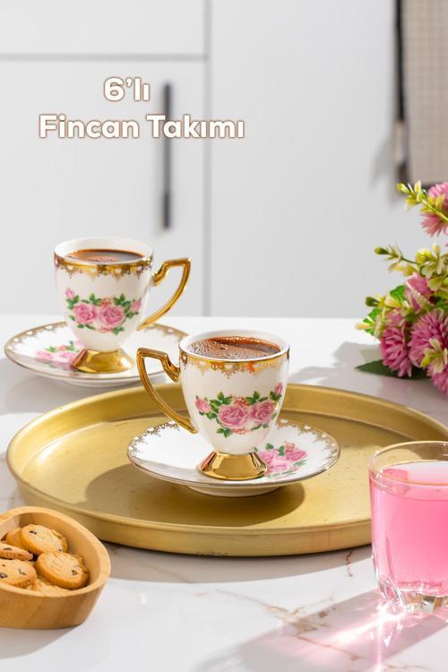 3188 Rosemary 12 Parça Yaldızlı Porselen Türk Kahve Fincan Takımı