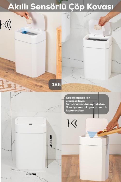 Me02 Hareket Sensörlü Sessiz Kapatma Çöp Kutusu Banyo Mutfak Çöp Kovası Kapaklı Banyo Çöp Kovası 18Lt