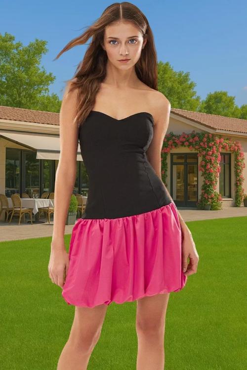 Straplez Mini Abiye Elbise Polyester Elastan Yazlık Yüksek Kalite Konforlu Kesim Özel Tasarım