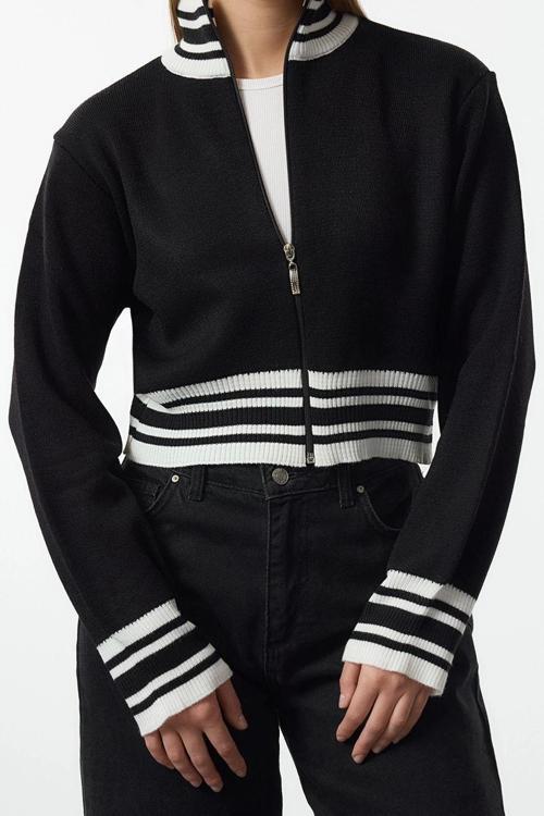 Stil Modern Kadın Crop Standart Kol Dik Yaka Renk Bloklu Triko Hırka